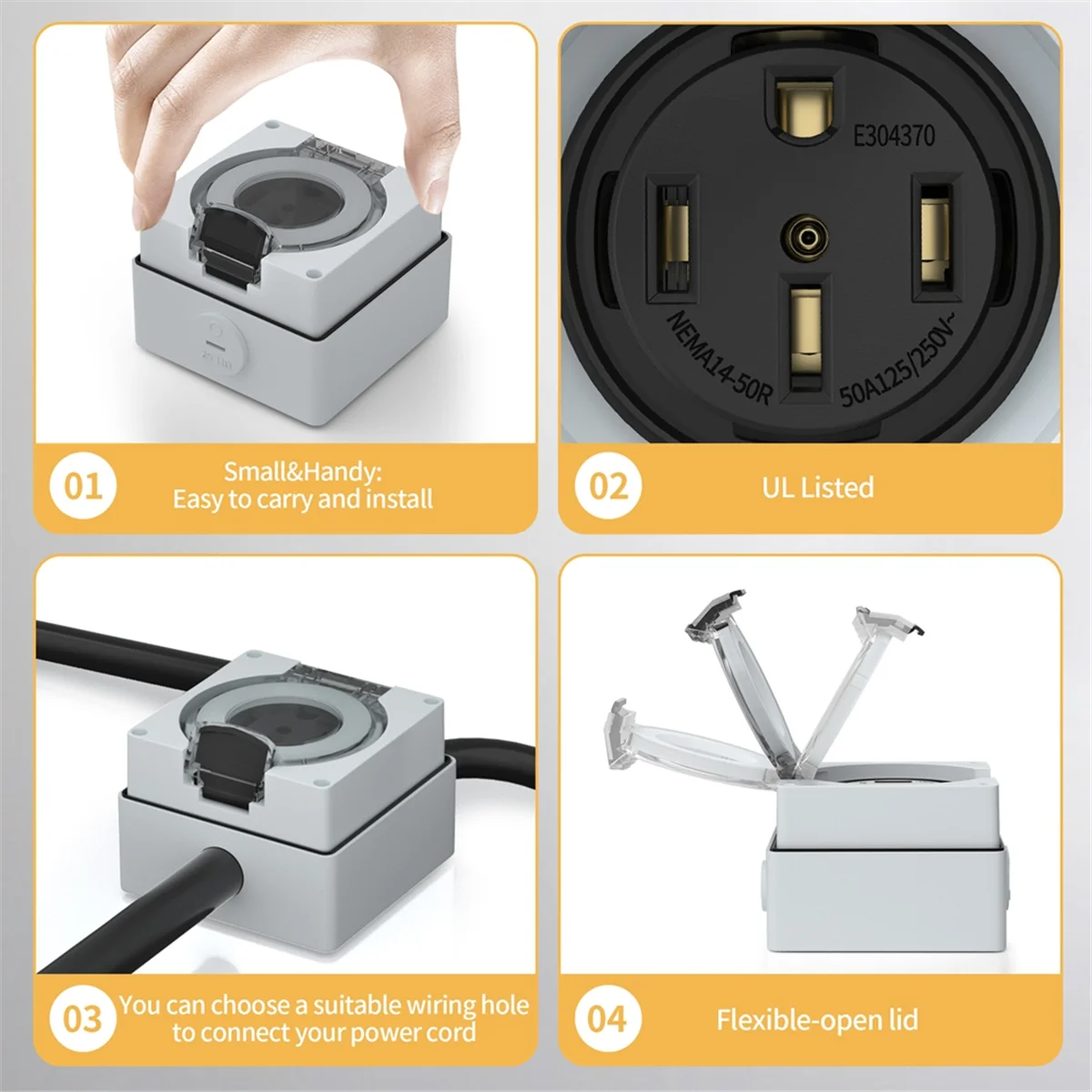 Outdoor Power Receptacle Box - AT16 50アンペア電源コンセントボックス、125/250ボルトNEMA 14-50R屋外用コンセント、電気自動車用防塵・耐候性