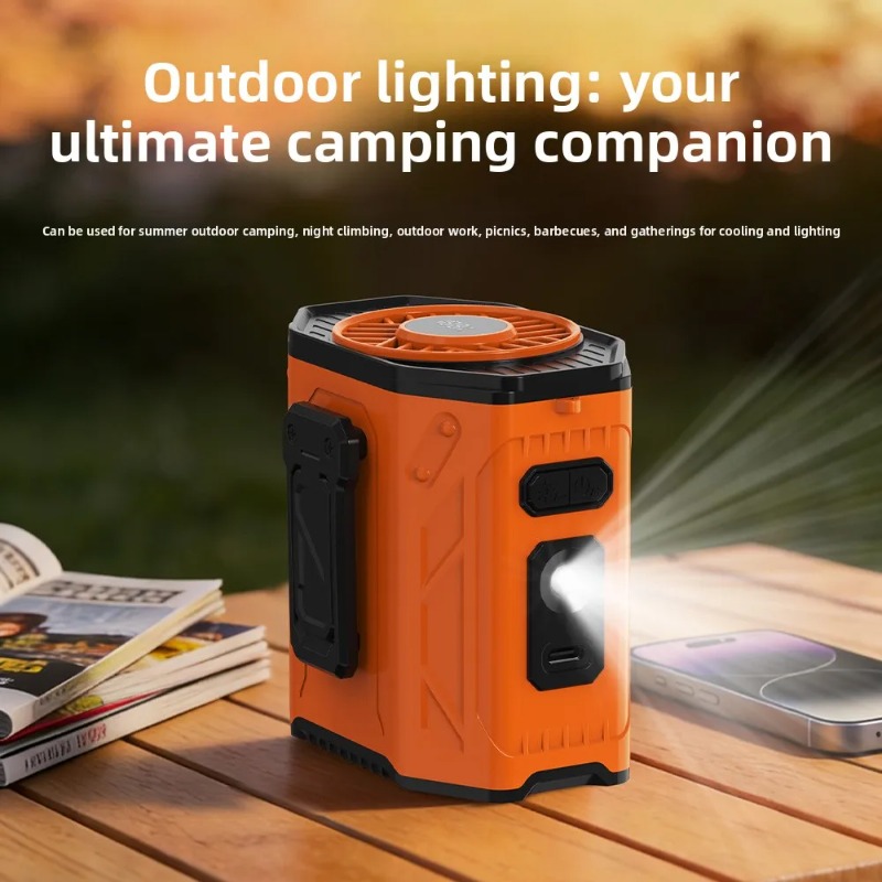 Outdoor Powerbank - 屋外作業用クーラーファン 3600mAh充電式腰掛け/首掛けファン パワーバンク付き LEDライト搭載 6段階風量調節 強力送風クールファン