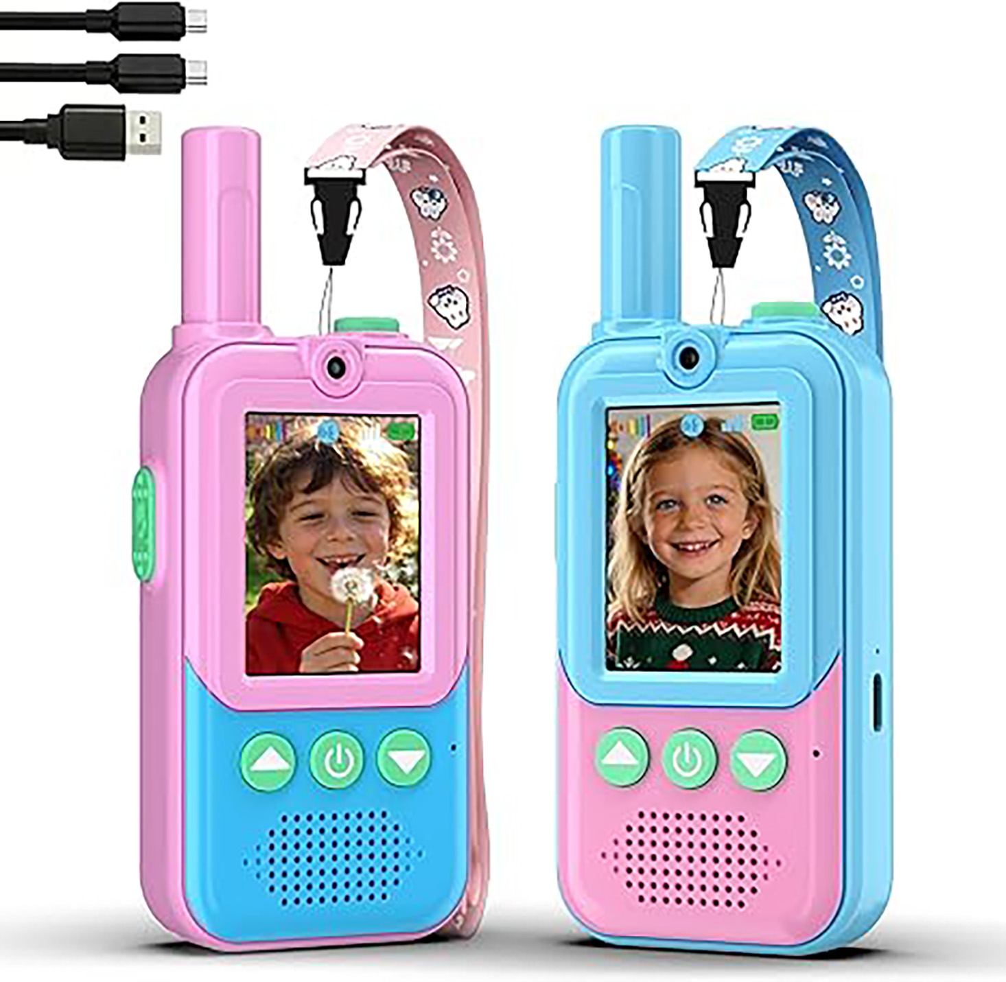 Outdoor Power Pack - 充電式キッズビデオウォーキートーキー2個セット、HDカメラとボイスチェンジャー付き、屋外キャンプ用おもちゃ、3～12歳向け誕生日プレゼント