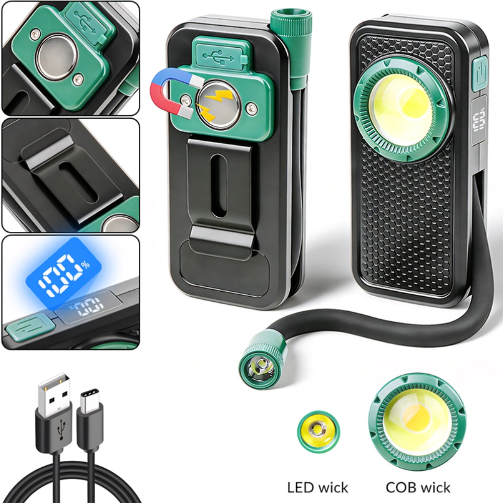 Outdoor Power Usb - ペンクリップ付き新型マグネット式作業灯、曲げられるホース、USB充電式、デジタル電力表示、屋外検査用懐中電灯