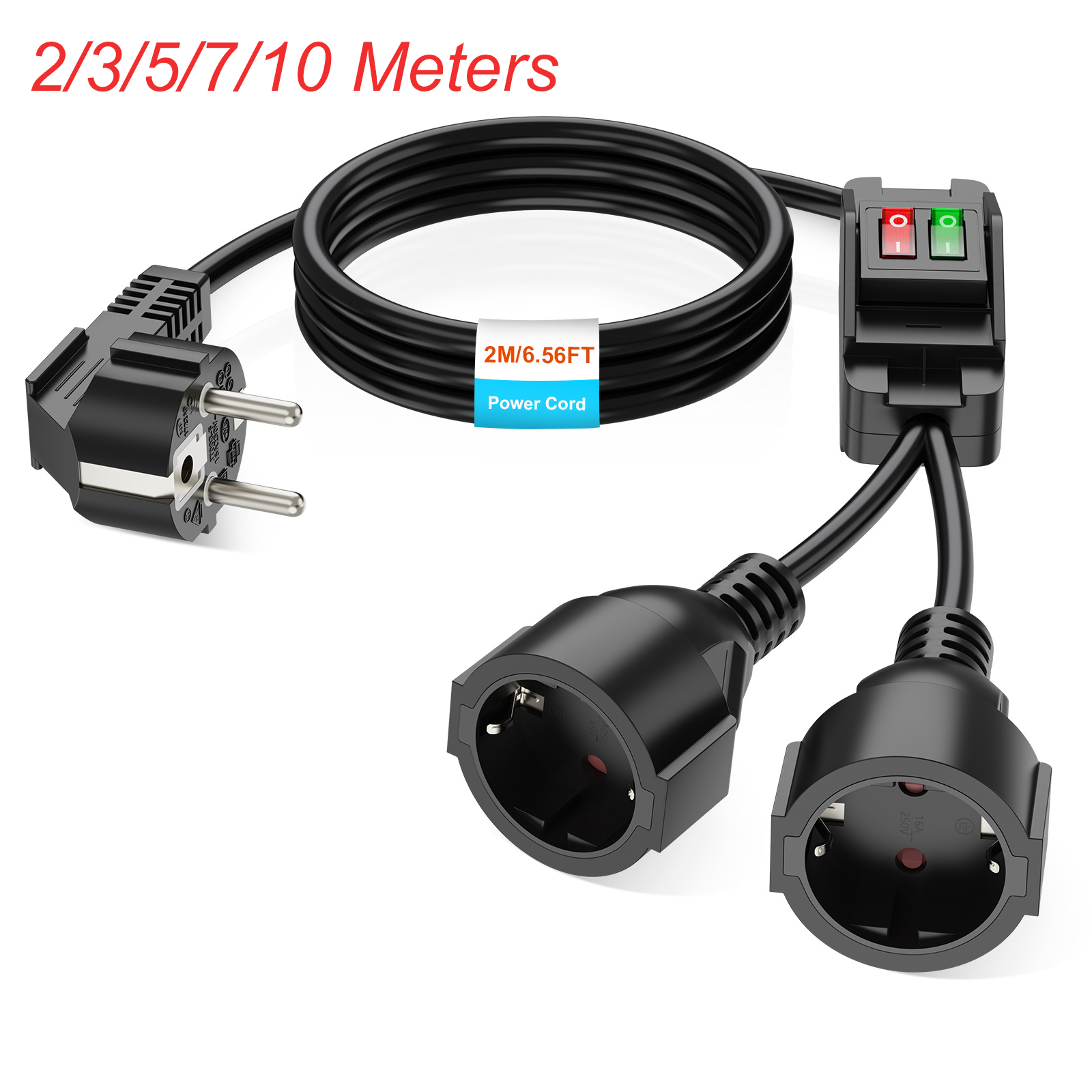 Outdoor Power Extension - EUプラグ延長コード、オン/オフスイッチ付き、0.4/2/3/5/7/10m電源ケーブル、2つのシュコソケット、IP44、家庭用/屋外用、黒