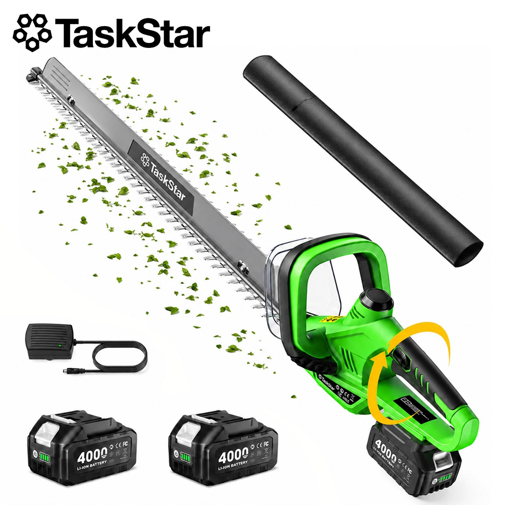 Hedge Trimmer Cordless - TaskStar 22インチ電動ヘッジトリマー 180度回転機能付き ° 回転式ハンドル＆ゴミ除去機能付き＆550mm SK5両刃20Vコードレスヘッジトリマー（低木剪定用）2個の4.0Ahバッテリー付き