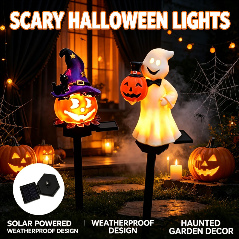 Outdoor Yard Power Stake - ソーラー式防水芝生ライト、ハロウィンガーデンデコレーション、ウィザードハットパンプキンゴーストステークライト、屋外庭園の雰囲気作りに