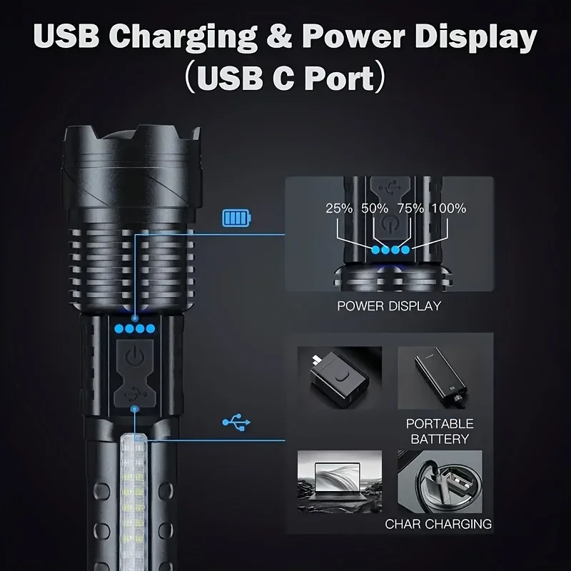 強力な LED 懐中電灯バッテリーディスプレイ USB 充電 - Outdoor Power Usb のレビューと価格