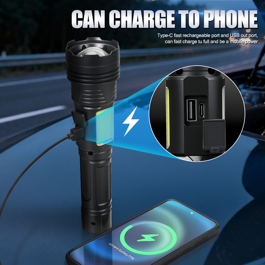 強力なLEDハンドヘルド懐中電灯USB充電式戦術ズームトーチ - Outdoor Powerbank のレビューと価格
